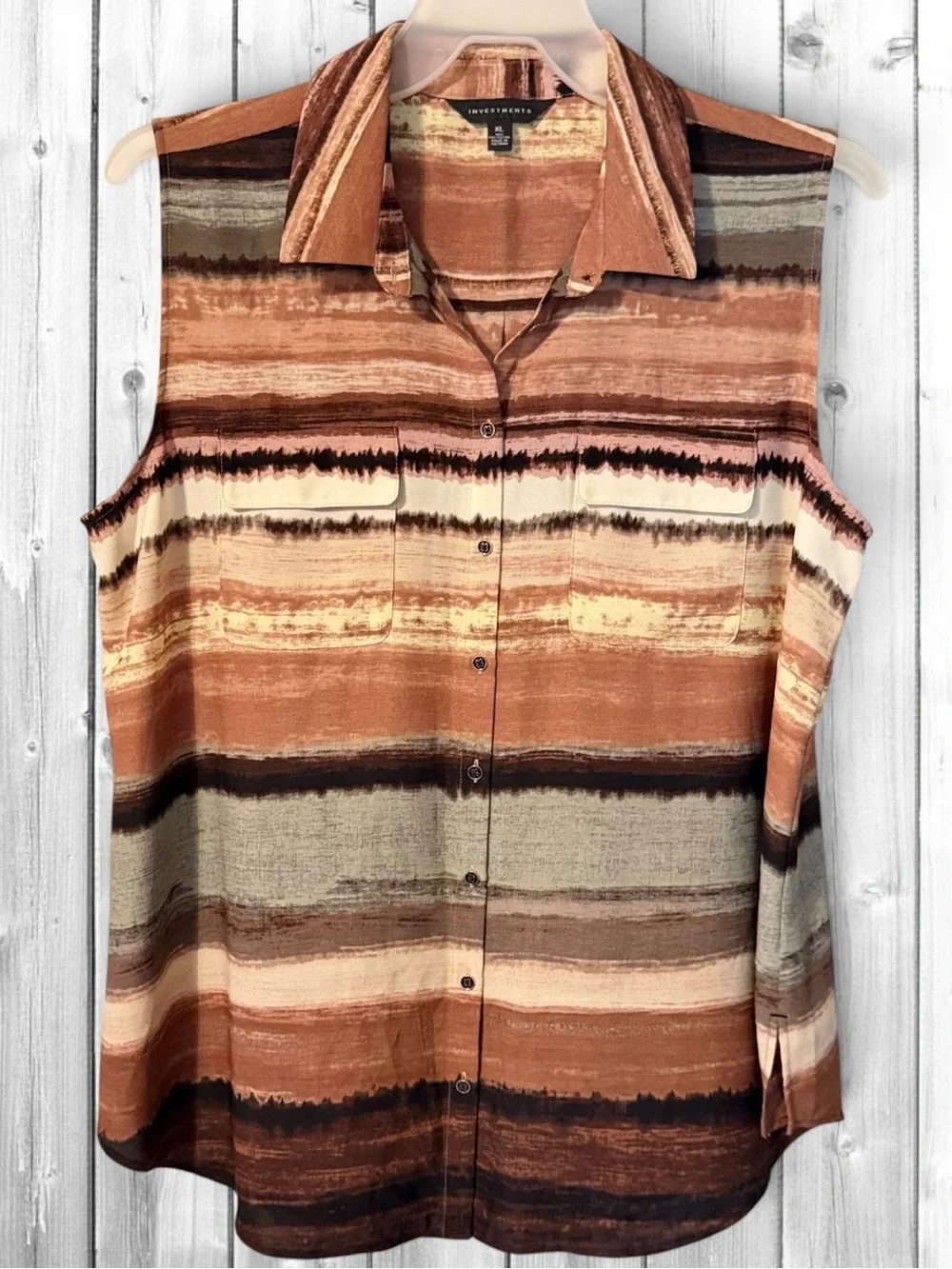 🌼Investments Striped Sleeveless Button-Down Shirt in Brown Multi